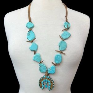Turquoise Stone Chunky Slice Squash Blossom Long Necklace